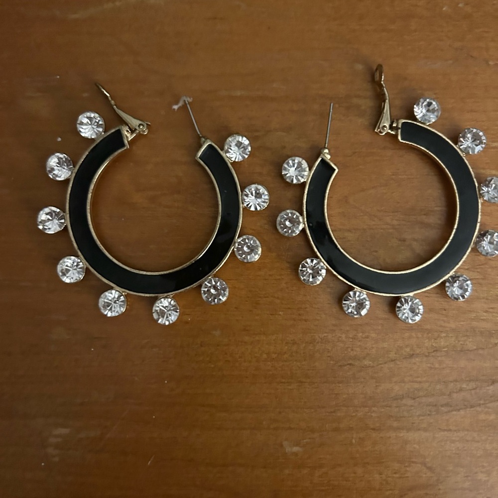 Black enamel crystal hoop earrings NEW